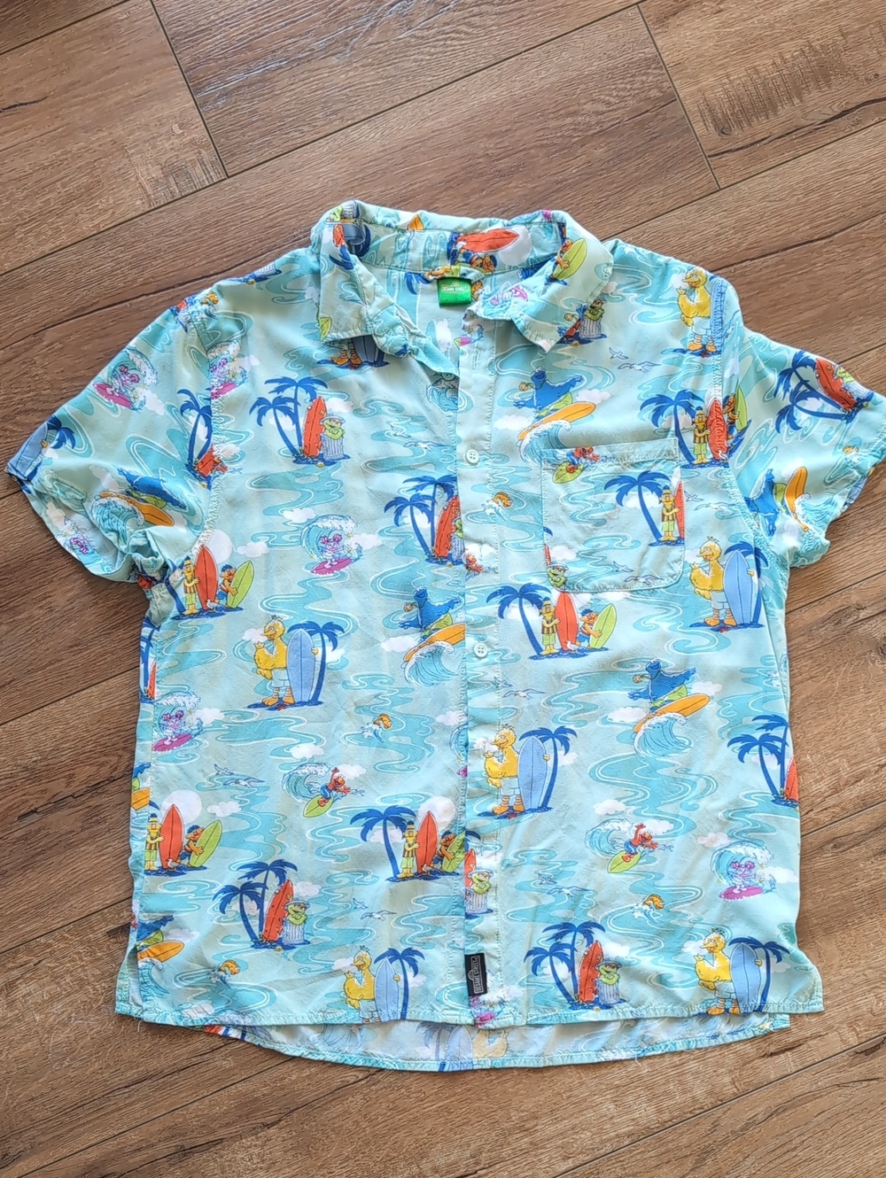 Sesame Street Light Blue Surf Hawaiian Shirt - Large